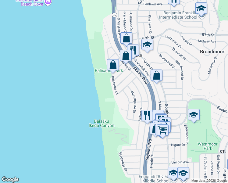 map of restaurants, bars, coffee shops, grocery stores, and more near 172 Palisades Drive in Daly City
