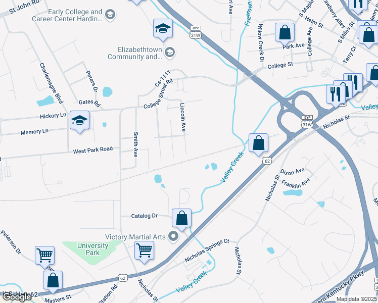 map of restaurants, bars, coffee shops, grocery stores, and more near 405B Lincoln Avenue in Elizabethtown