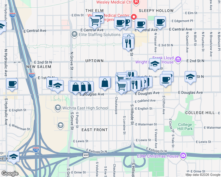 map of restaurants, bars, coffee shops, grocery stores, and more near 128 1/2 North Erie Street in Wichita