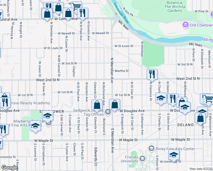map of restaurants, bars, coffee shops, grocery stores, and more near 258 Richmond North in Wichita
