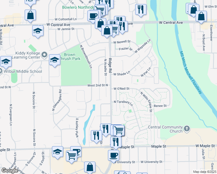 map of restaurants, bars, coffee shops, grocery stores, and more near 310 North Acadia Street in Wichita