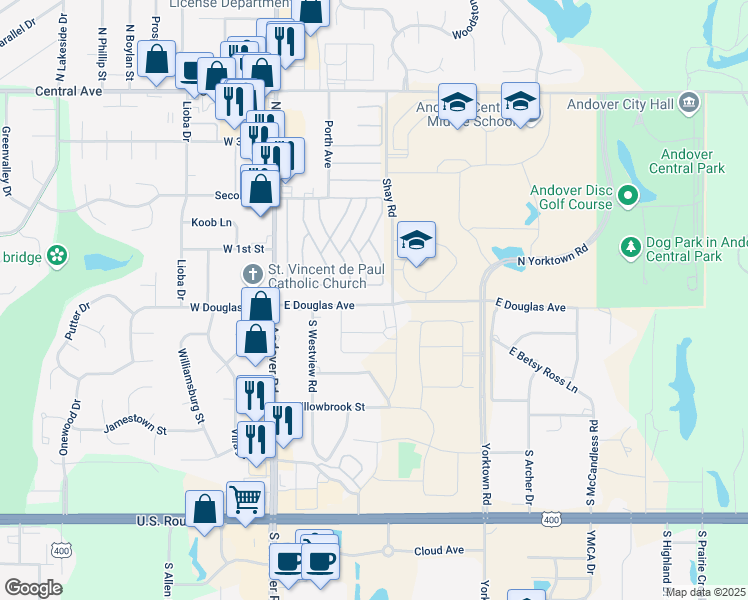 map of restaurants, bars, coffee shops, grocery stores, and more near 420 East Douglas Avenue in Andover