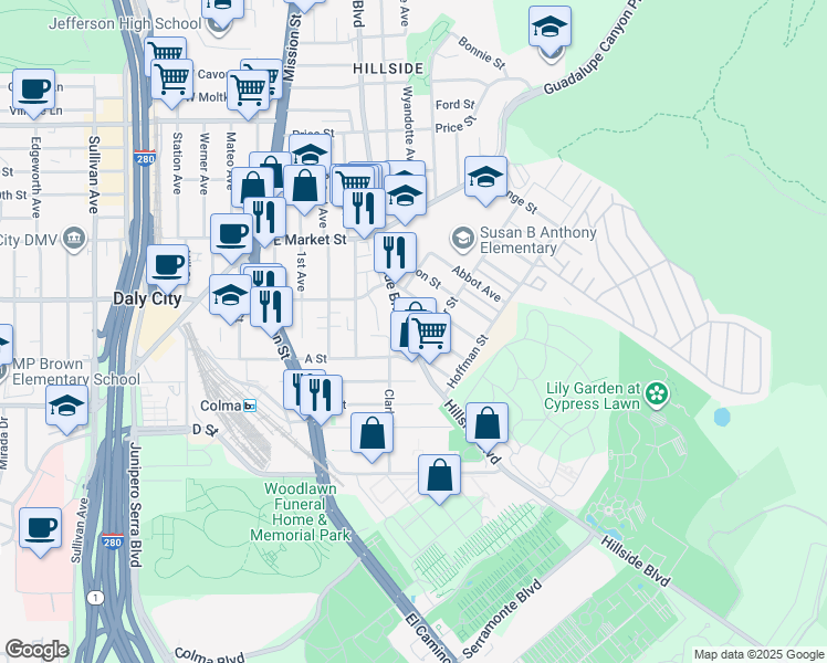map of restaurants, bars, coffee shops, grocery stores, and more near 570 Sylvan Street in Daly City