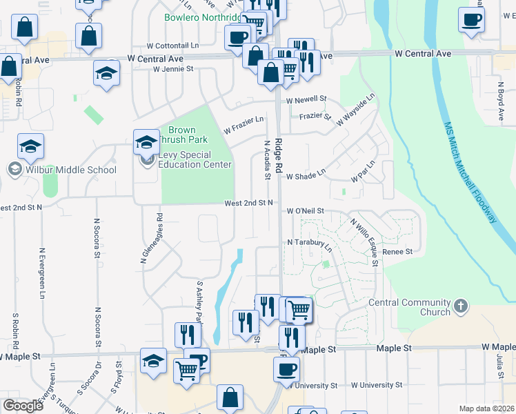 map of restaurants, bars, coffee shops, grocery stores, and more near 254 North Brunswick Street in Wichita