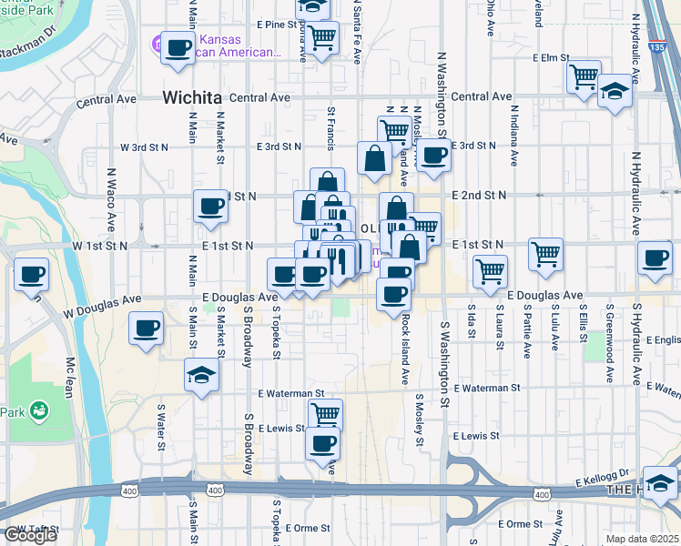 map of restaurants, bars, coffee shops, grocery stores, and more near in Wichita