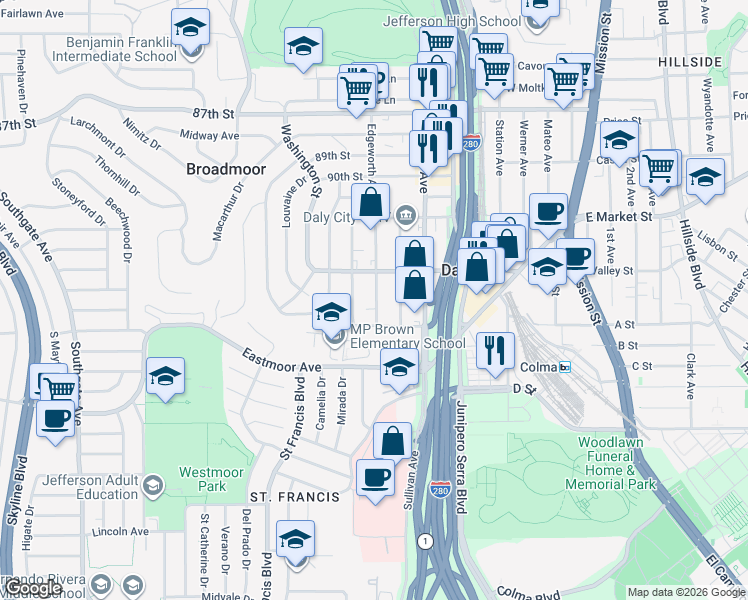 map of restaurants, bars, coffee shops, grocery stores, and more near 1648 Edgeworth Avenue in Daly City