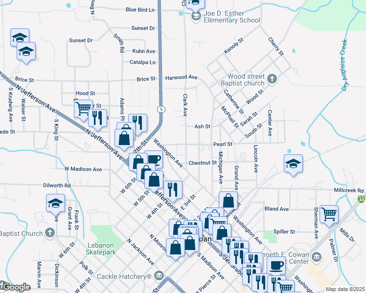 map of restaurants, bars, coffee shops, grocery stores, and more near 444 Clark Avenue in Lebanon