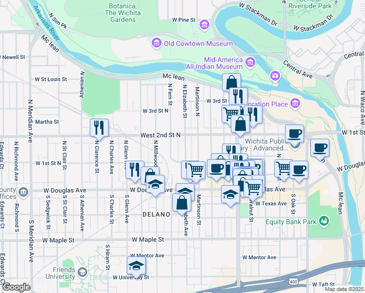map of restaurants, bars, coffee shops, grocery stores, and more near 252 North Elizabeth Street in Wichita