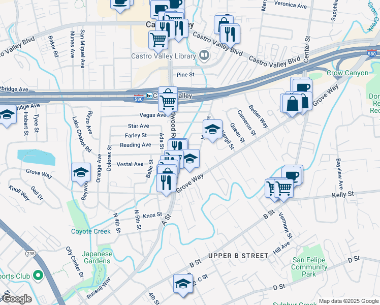 map of restaurants, bars, coffee shops, grocery stores, and more near 2536 Lessley Avenue in Castro Valley