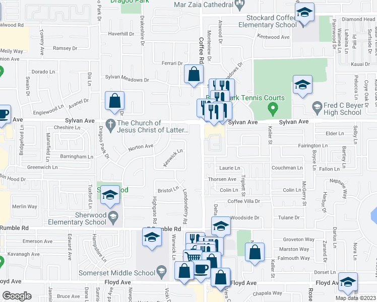 map of restaurants, bars, coffee shops, grocery stores, and more near 3324 Tiffany Lane in Modesto