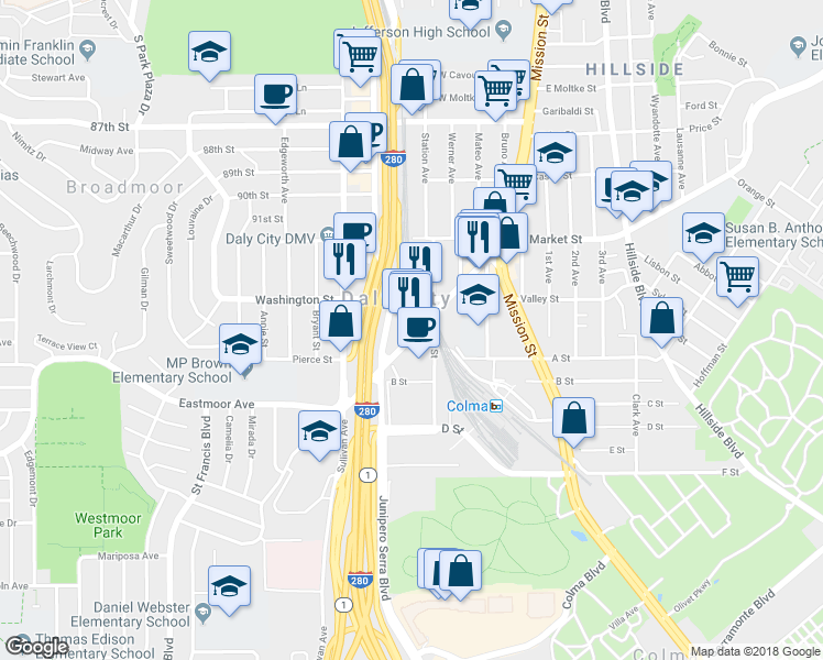 map of restaurants, bars, coffee shops, grocery stores, and more near 270 San Pedro Road in Daly City