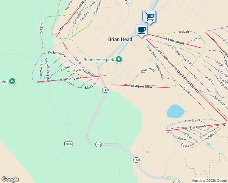 map of restaurants, bars, coffee shops, grocery stores, and more near 651 South Snowflake Lane in Brian Head