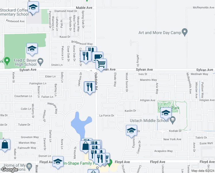 map of restaurants, bars, coffee shops, grocery stores, and more near 2205 Cimarron Hills Drive in Modesto