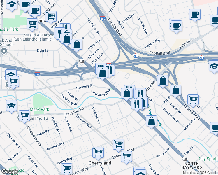 map of restaurants, bars, coffee shops, grocery stores, and more near 992 Paradise Boulevard in Hayward