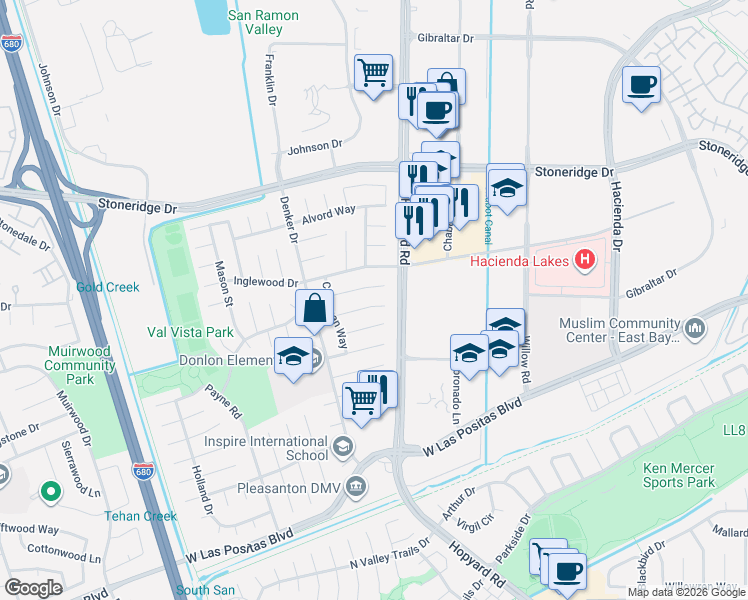 map of restaurants, bars, coffee shops, grocery stores, and more near 6233 Garner Court in Pleasanton