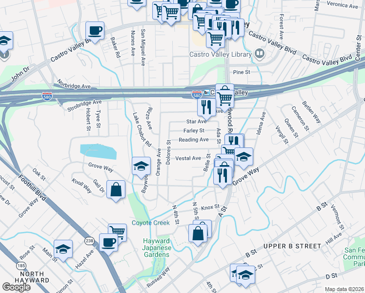 map of restaurants, bars, coffee shops, grocery stores, and more near 2258 Reading Avenue in Castro Valley