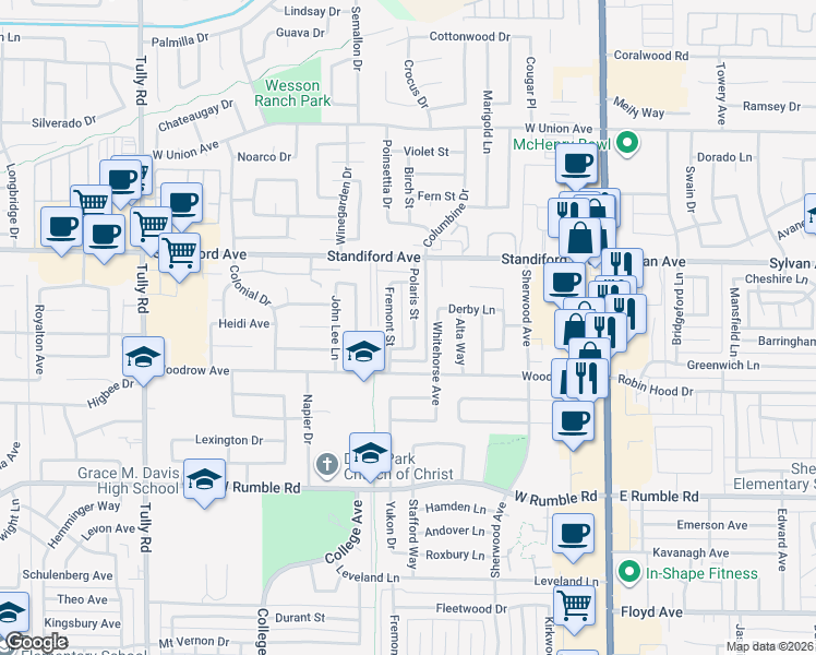 map of restaurants, bars, coffee shops, grocery stores, and more near 3405 Polaris Street in Modesto