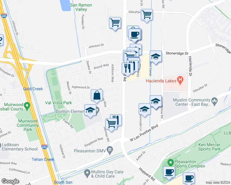 map of restaurants, bars, coffee shops, grocery stores, and more near 6233 Garner Court in Pleasanton