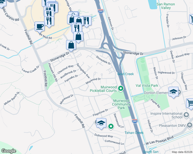 map of restaurants, bars, coffee shops, grocery stores, and more near 7551 Maywood Drive in Pleasanton