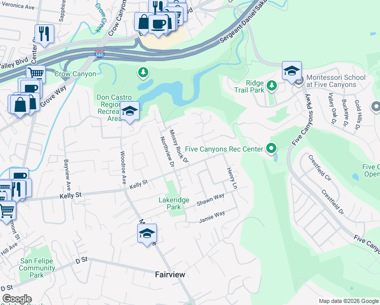 map of restaurants, bars, coffee shops, grocery stores, and more near 22614 Valley Brook Court in Hayward