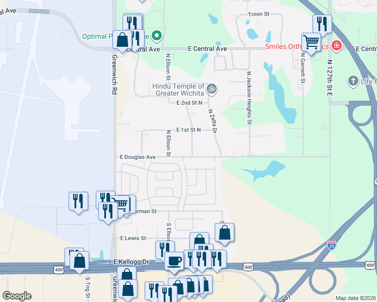 map of restaurants, bars, coffee shops, grocery stores, and more near 101-199 North Bernice in Wichita