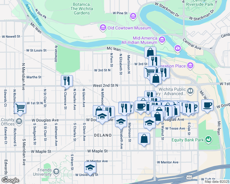 map of restaurants, bars, coffee shops, grocery stores, and more near 259 Fern North in Wichita