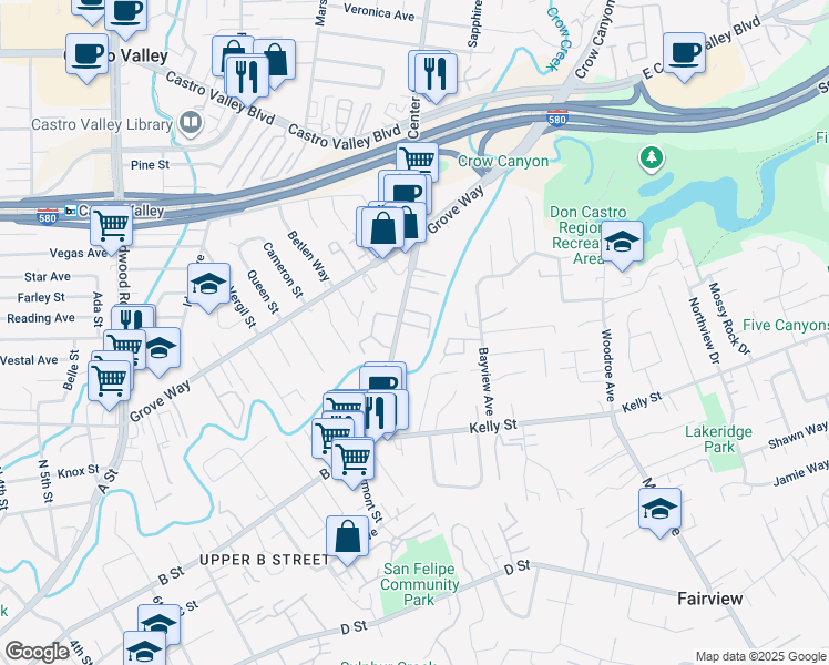 map of restaurants, bars, coffee shops, grocery stores, and more near 22302 Center Street in Castro Valley