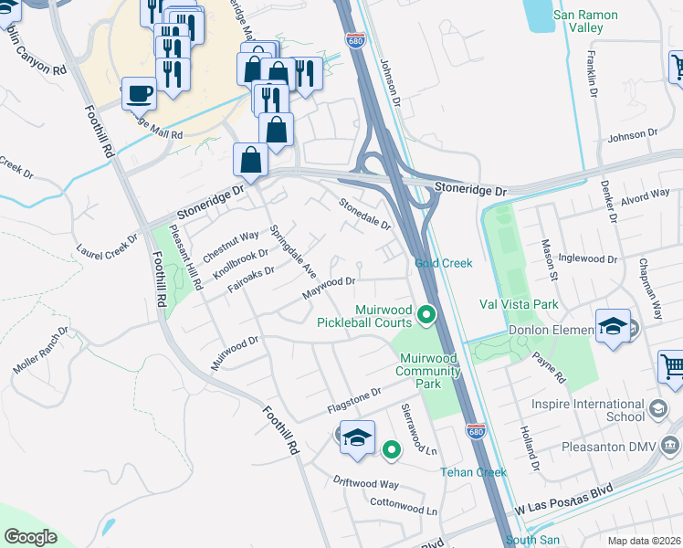 map of restaurants, bars, coffee shops, grocery stores, and more near 5111 Oakdale Court in Pleasanton