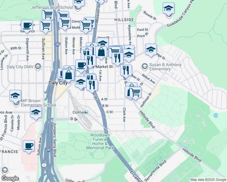 map of restaurants, bars, coffee shops, grocery stores, and more near 352 3rd Avenue in Daly City