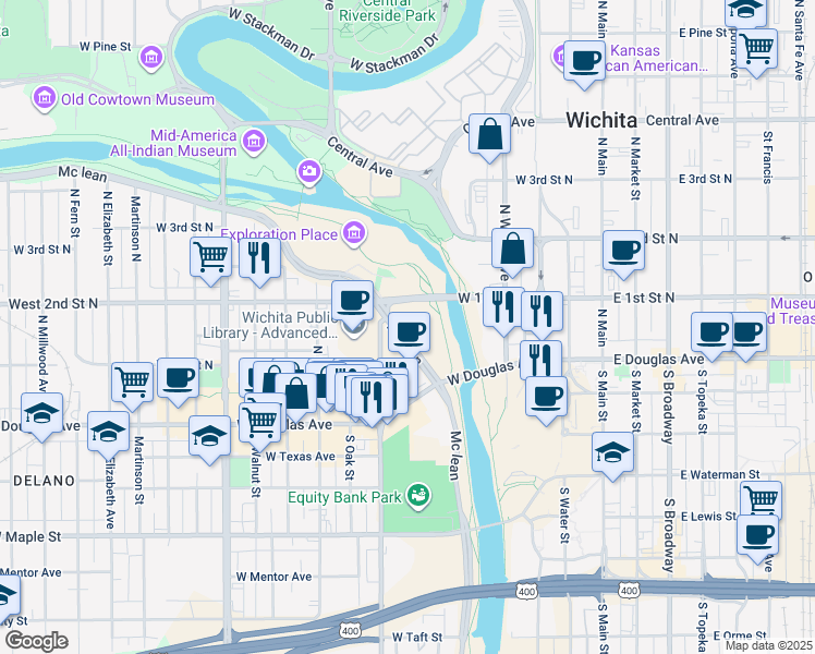 map of restaurants, bars, coffee shops, grocery stores, and more near 599 West 1st Street North in Wichita