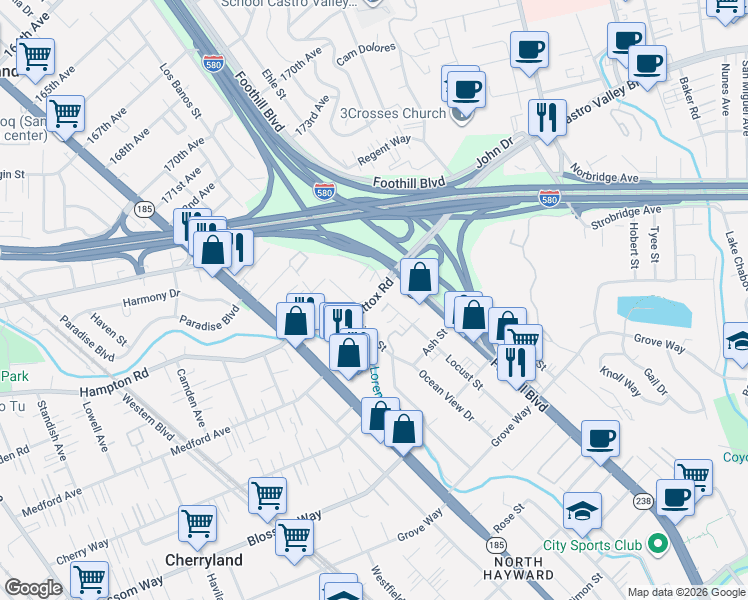map of restaurants, bars, coffee shops, grocery stores, and more near 1324 Mattox Road in Hayward