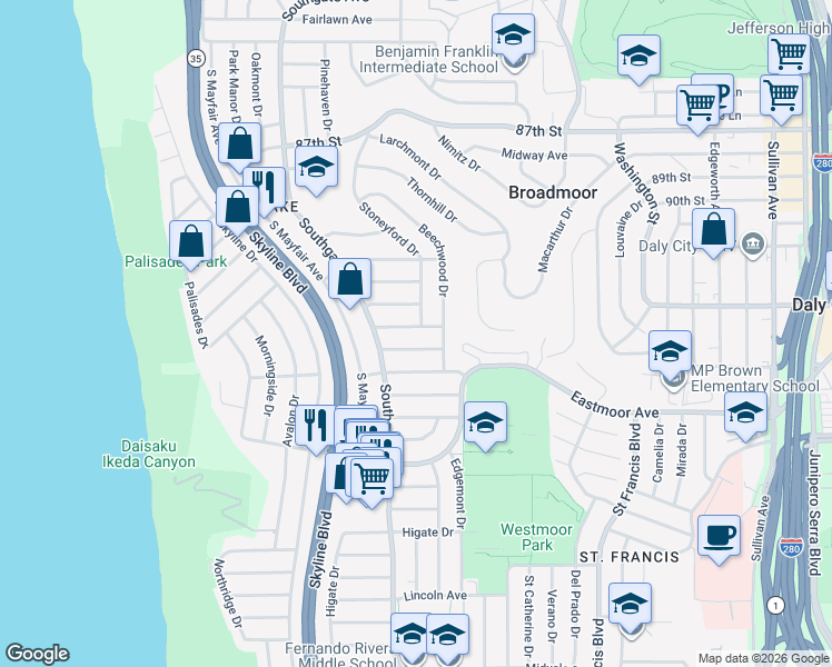 map of restaurants, bars, coffee shops, grocery stores, and more near 605 Stoneyford Drive in Daly City