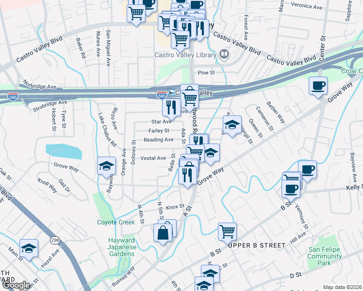 map of restaurants, bars, coffee shops, grocery stores, and more near 21953 Ada Street in Castro Valley