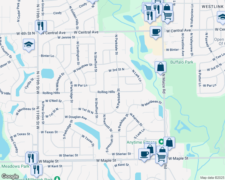 map of restaurants, bars, coffee shops, grocery stores, and more near 11020 Rolling Hills in Wichita