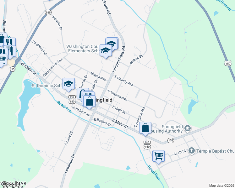 map of restaurants, bars, coffee shops, grocery stores, and more near 101-199 East Virginia Avenue in Springfield