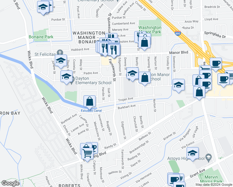 map of restaurants, bars, coffee shops, grocery stores, and more near 15222 Farnsworth Street in San Leandro