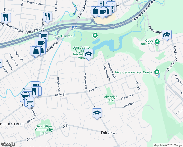 map of restaurants, bars, coffee shops, grocery stores, and more near 2947 Blanding Court in Hayward
