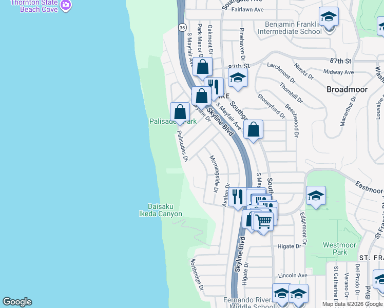 map of restaurants, bars, coffee shops, grocery stores, and more near 239 Palisades Drive in Daly City