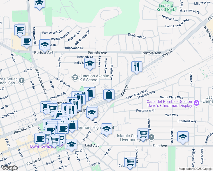 map of restaurants, bars, coffee shops, grocery stores, and more near in Livermore