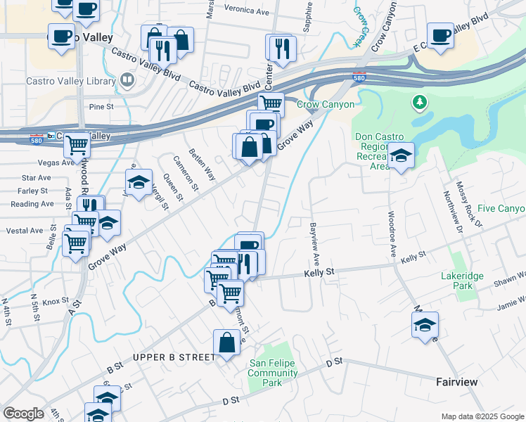 map of restaurants, bars, coffee shops, grocery stores, and more near 22240 Center Street in Castro Valley