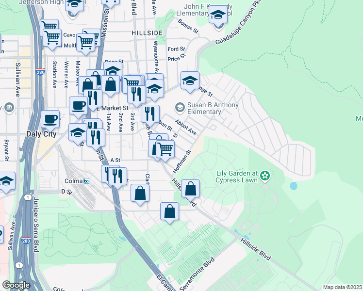 map of restaurants, bars, coffee shops, grocery stores, and more near in San Mateo County