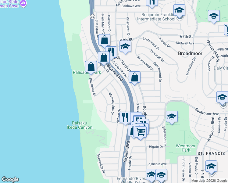 map of restaurants, bars, coffee shops, grocery stores, and more near 18 Avalon Drive in Daly City