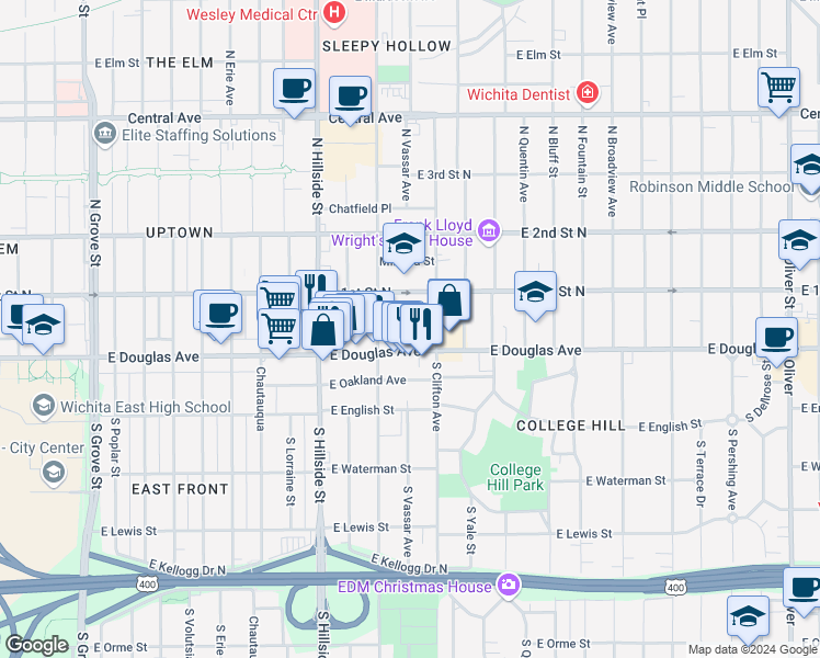 map of restaurants, bars, coffee shops, grocery stores, and more near 3412 Victor Place in Wichita