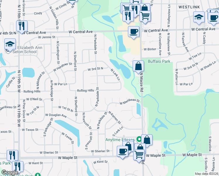 map of restaurants, bars, coffee shops, grocery stores, and more near 10803 W Par Ln in Wichita
