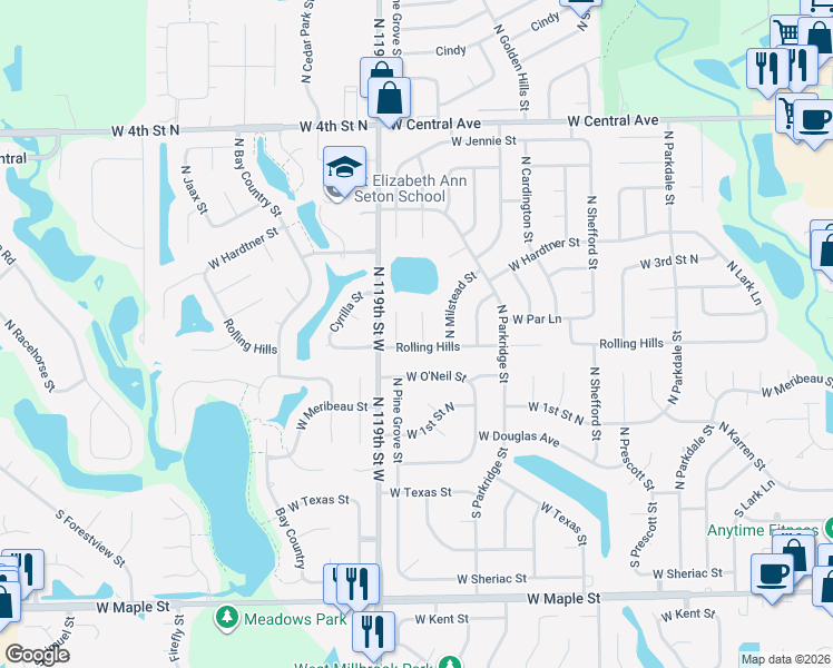 map of restaurants, bars, coffee shops, grocery stores, and more near 11801-11899 West Rolling Hills Court in Wichita