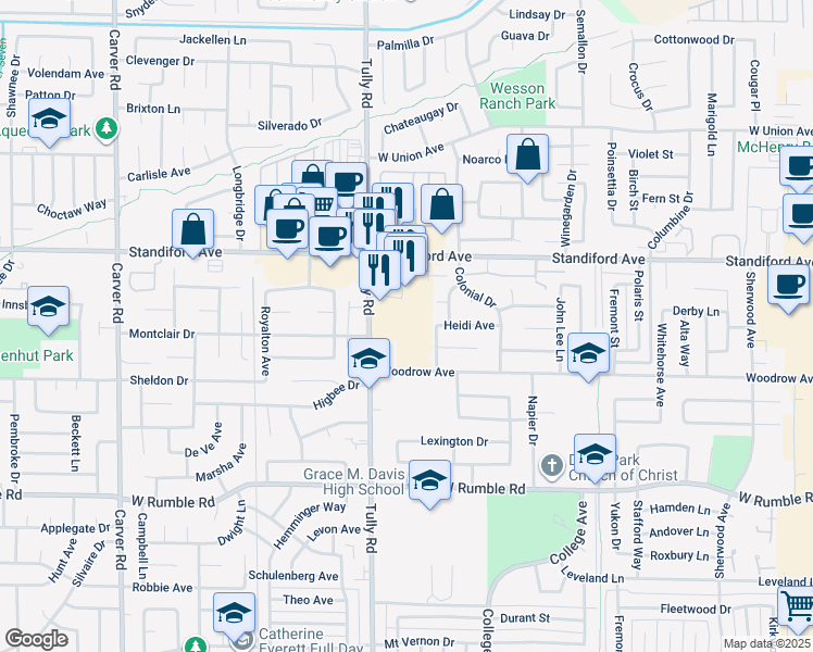 map of restaurants, bars, coffee shops, grocery stores, and more near 3340 Tully Road in Modesto