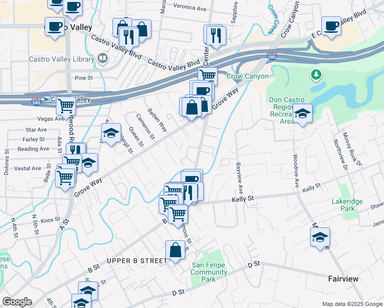 map of restaurants, bars, coffee shops, grocery stores, and more near 2773 Betlen Court in Castro Valley