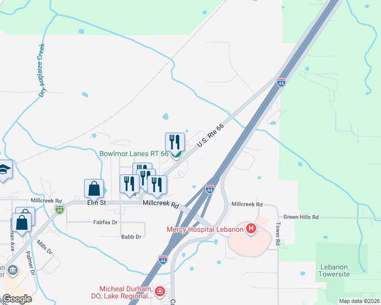 map of restaurants, bars, coffee shops, grocery stores, and more near 1409 East Seminole Avenue in Lebanon