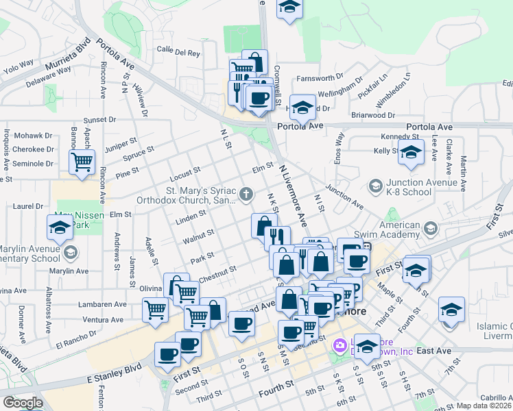 map of restaurants, bars, coffee shops, grocery stores, and more near 597 North L Street in Livermore