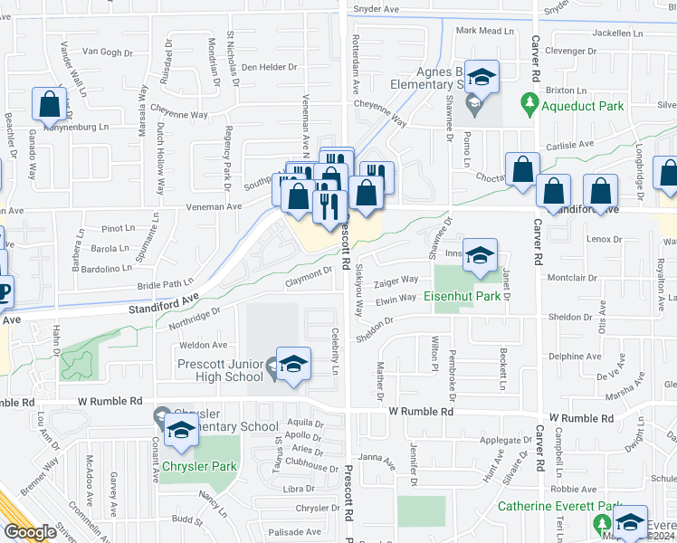 map of restaurants, bars, coffee shops, grocery stores, and more near 3316 Brooktree Lane in Modesto